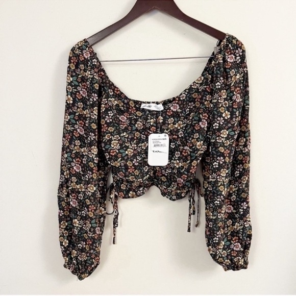 Elodie Ruched Crop Top Side Tie Long Balloon Sleeves Floral Size Small NEW - Picture 1 of 8